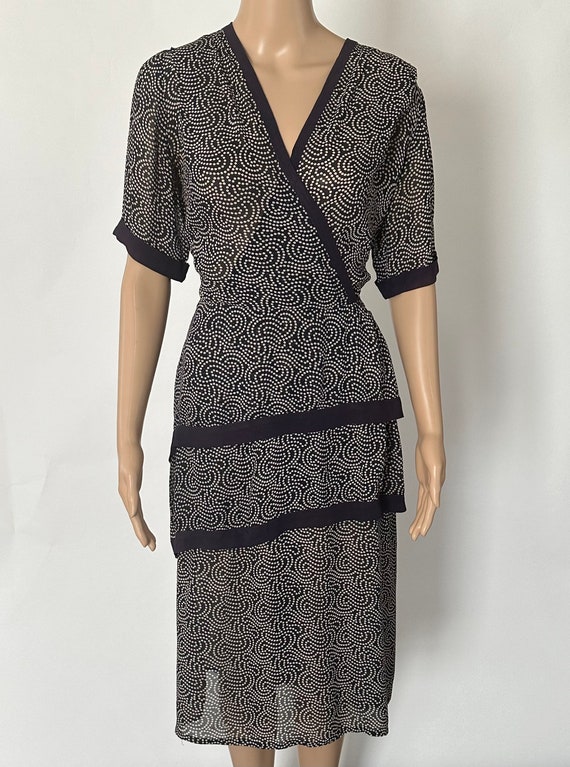 Vintage 1940s Navy and White Polkadot Swirl Dress