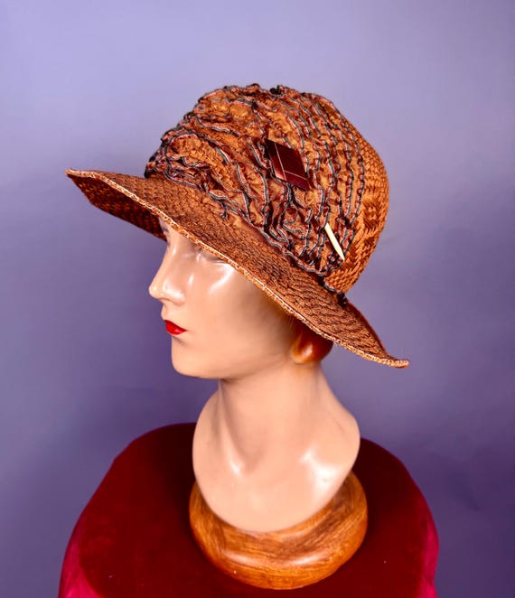Vintage 1920s Dark Orange Raffia Cloche 22