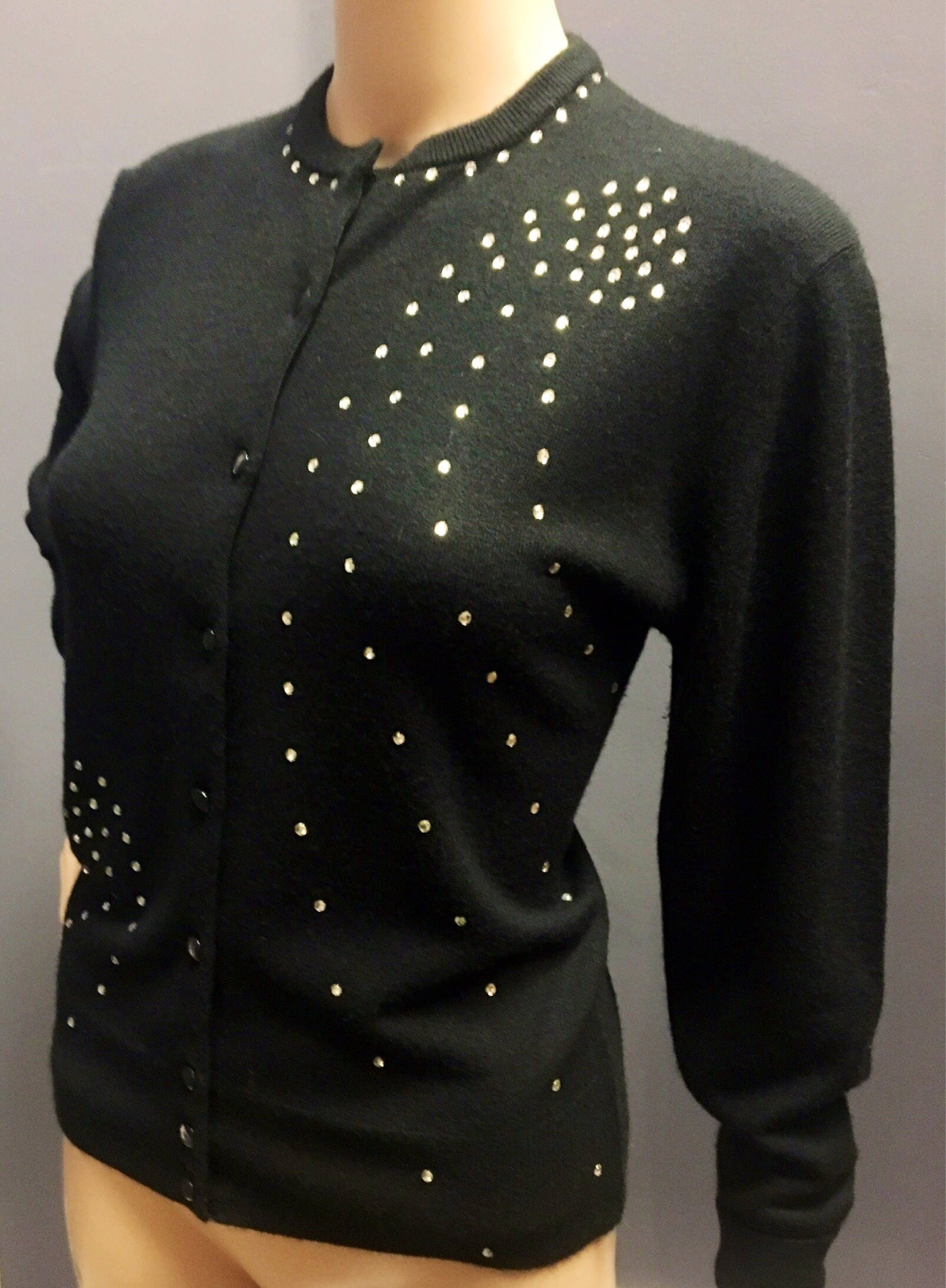 Vintage 1950s 1960s Ultralon Black Rhinestone Sweater by Dorset XL 42 ...