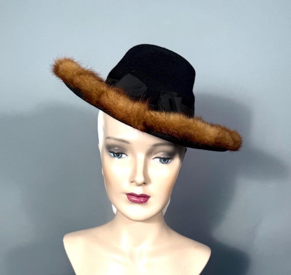 Vintage 1940s Black Felt and Mink Fascinator by Gage