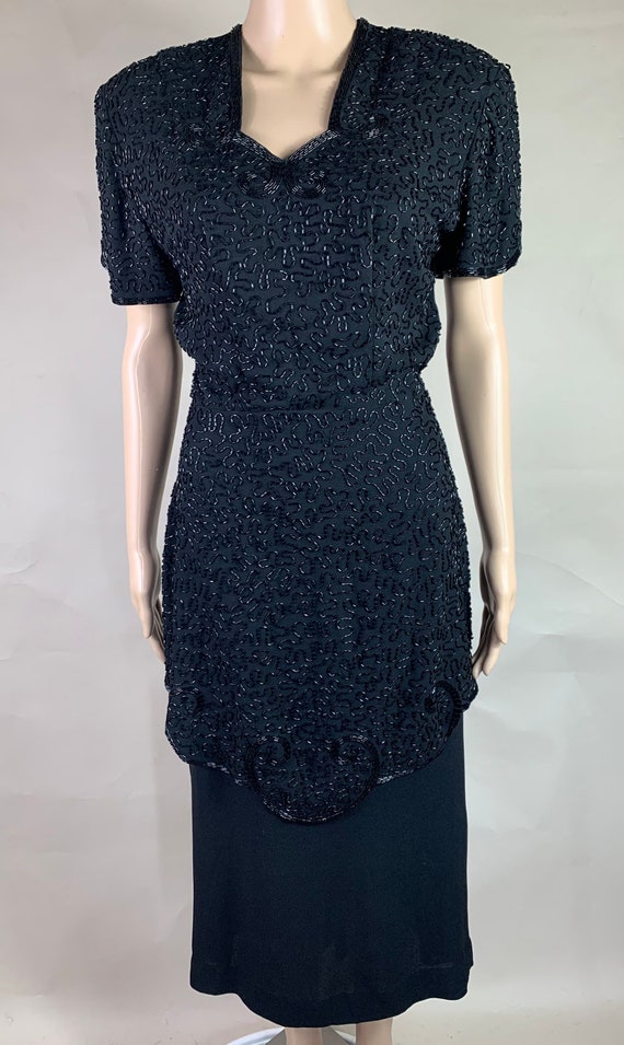 Vintage 1940s Hand Beaded Black Crepe Dress