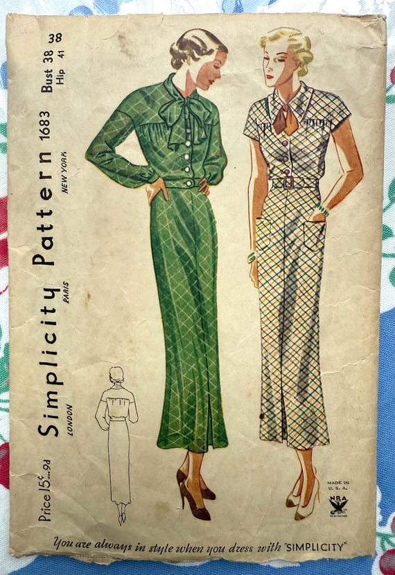 Vintage 1930s Simplicity Dress Pattern 1683 Bust 38