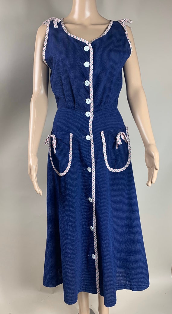 Vintage 1950s Blue Seersucker Sleeveless Dress Med