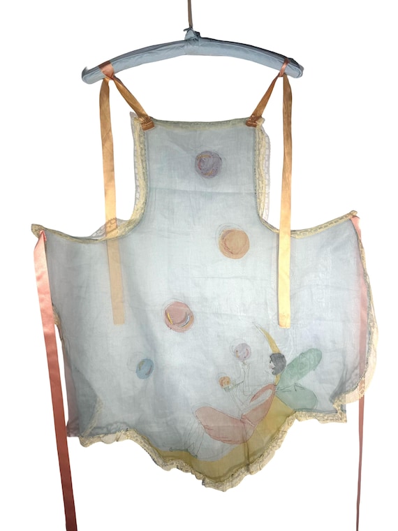 Vintage 1920s Light Blue Organza Apron with Fairy on a Half Moon