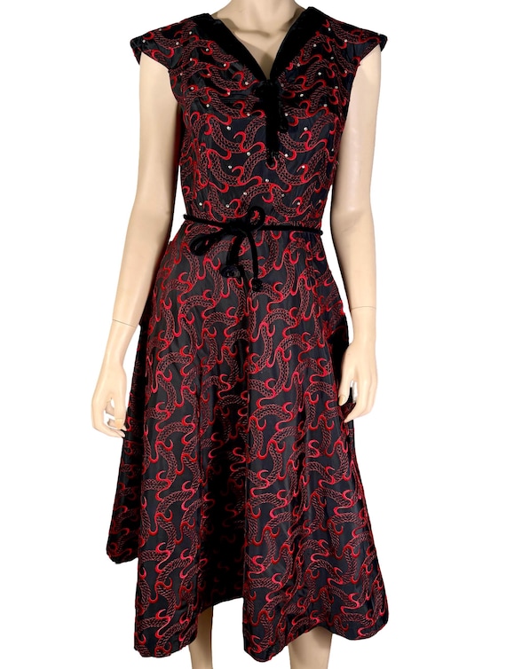 Vintage 1950s Black and Red Taffeta Dress w Rhinestones