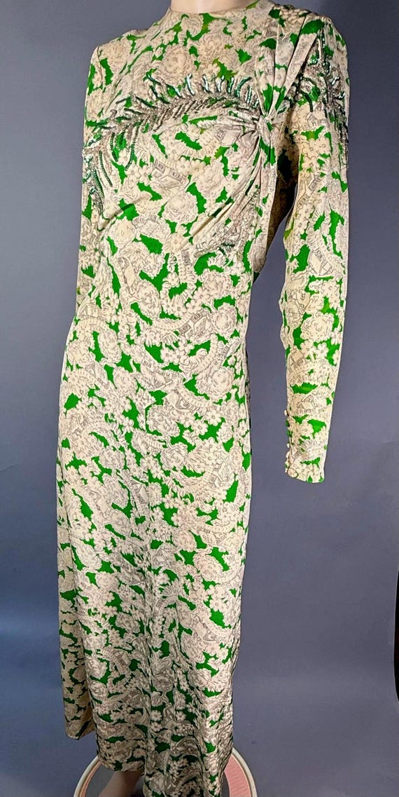 Vintage Green and White Silk Gown w Sequins STUDY ONLY