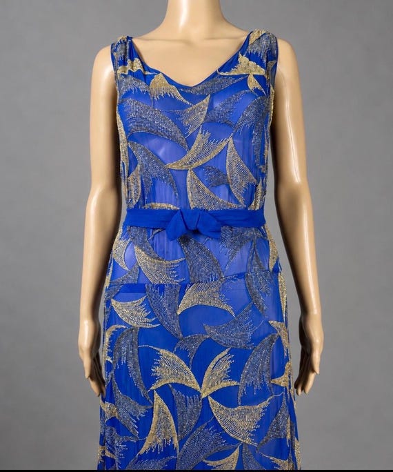 Vintage Late 1920s Early 1930s Blue Silk Chiffon Beaded Dress Made in France
