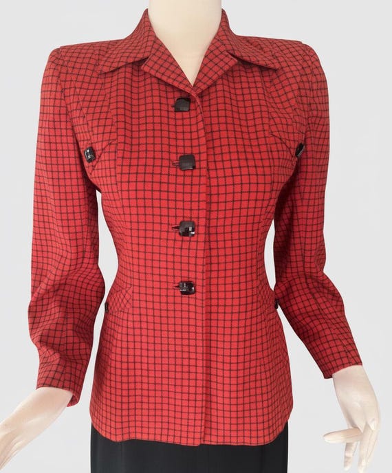 Vintage 1940s Red and Black Check Wool Jacket XS
