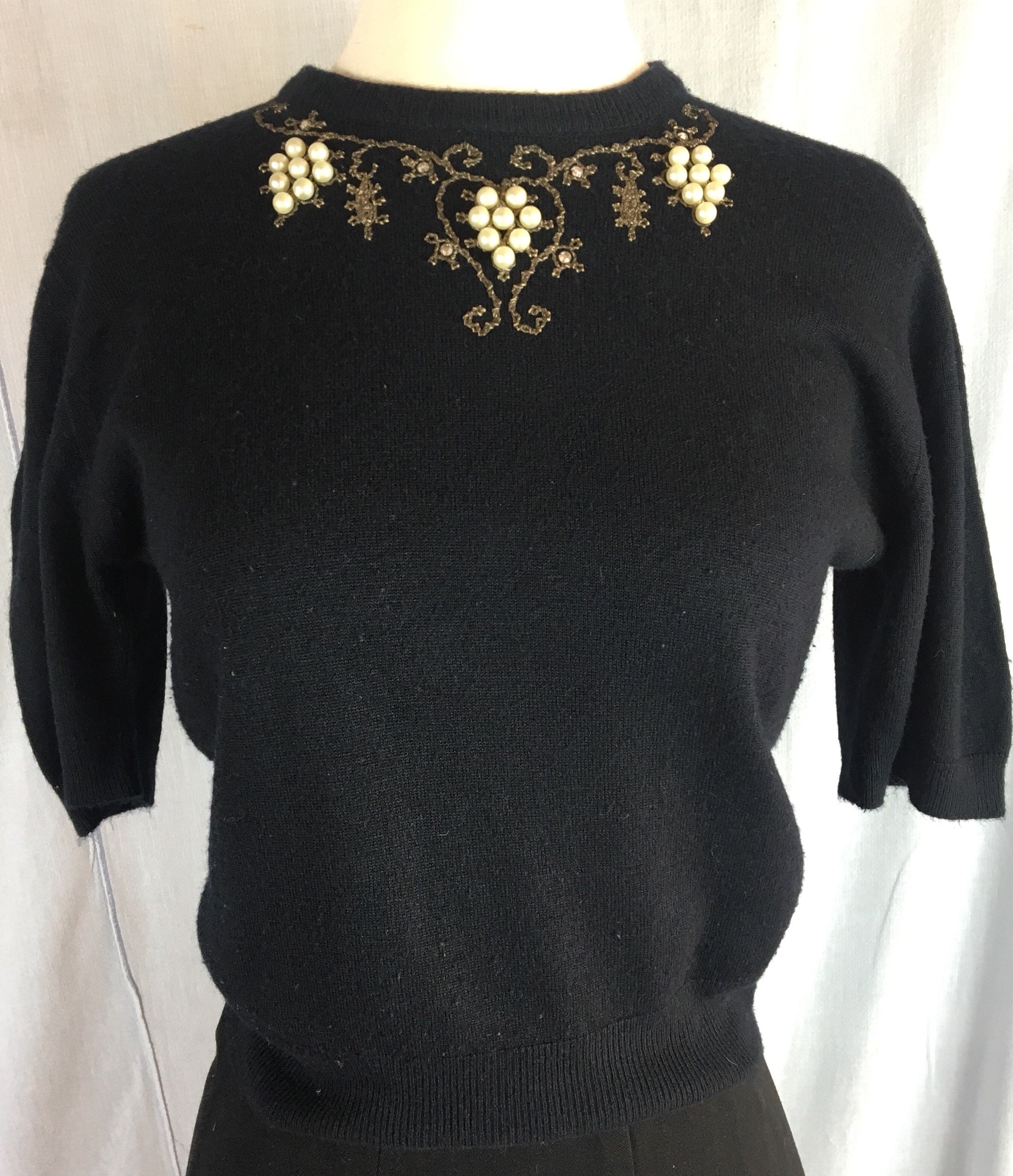 Vintage 1950s Black Beaded Rhinestone Sweater Set by Stephanie Koret of ...