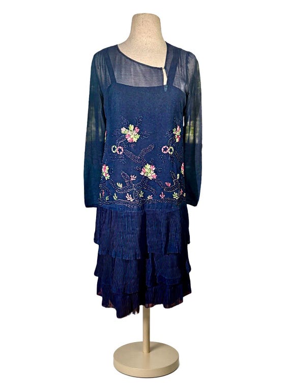 Vintage 1920s Navy Blue and Hot Pink Silk Chiffon Dress Set