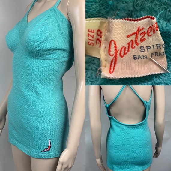 Vintage 1940s Jantzen Turquoise Wool Bathing Suit