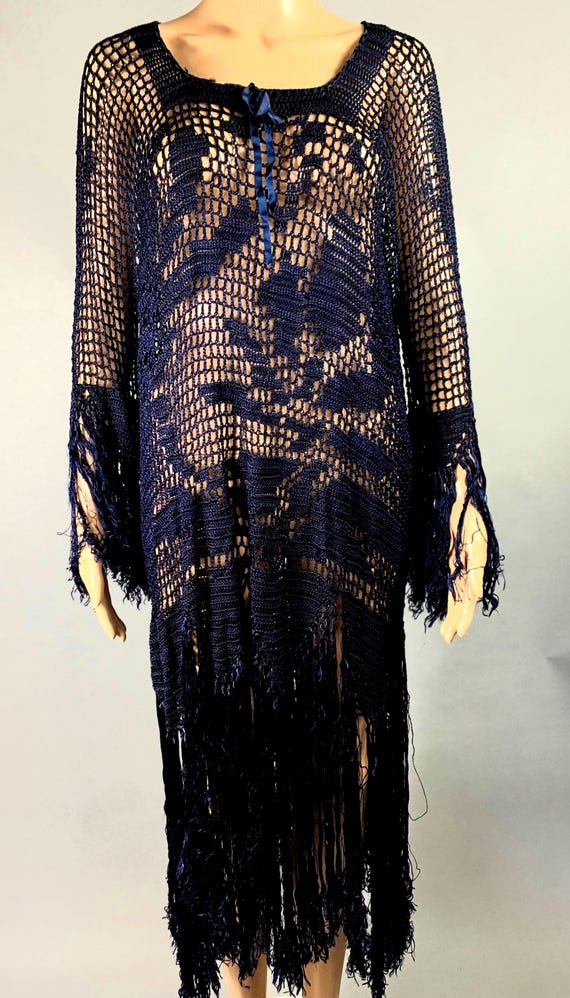 Vintage 1920s Hand Crotchet Over Dress Rare Piece Navy Blue