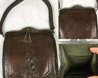 Vintage 1920s Tooled Leather Sm Bag