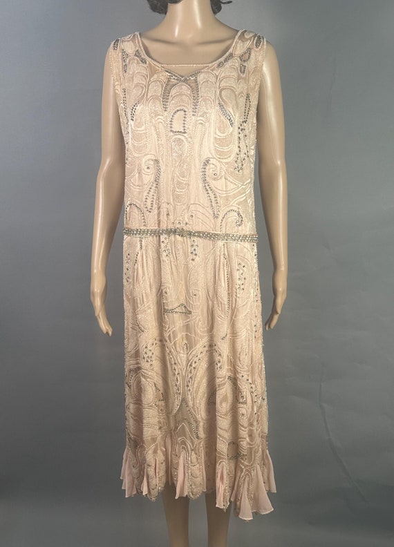 Vintage 1920s Pink Silk Chiffon Beaded Dress M L by Sally Milgrim