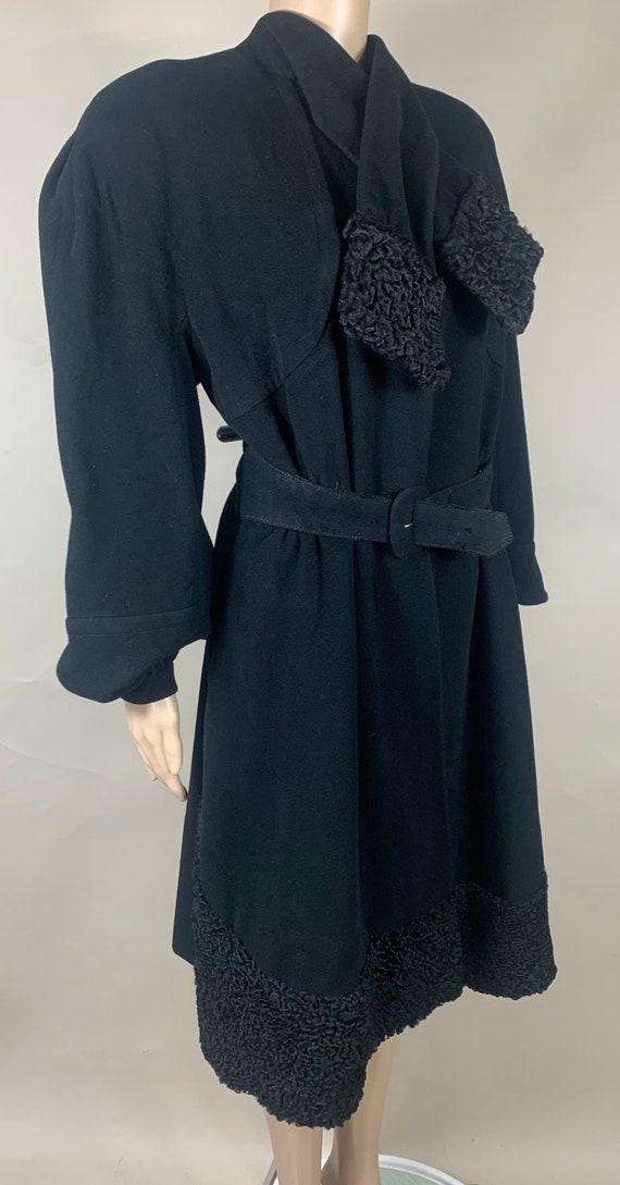 Vintage Late 1930s Black Wool Coat w Persian Lamb Trim