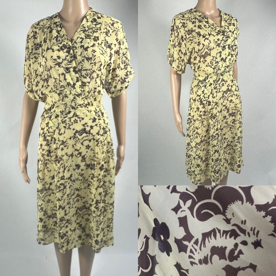 Vintage 1940s Yellow and Brown Sheer Rayon Dress XL