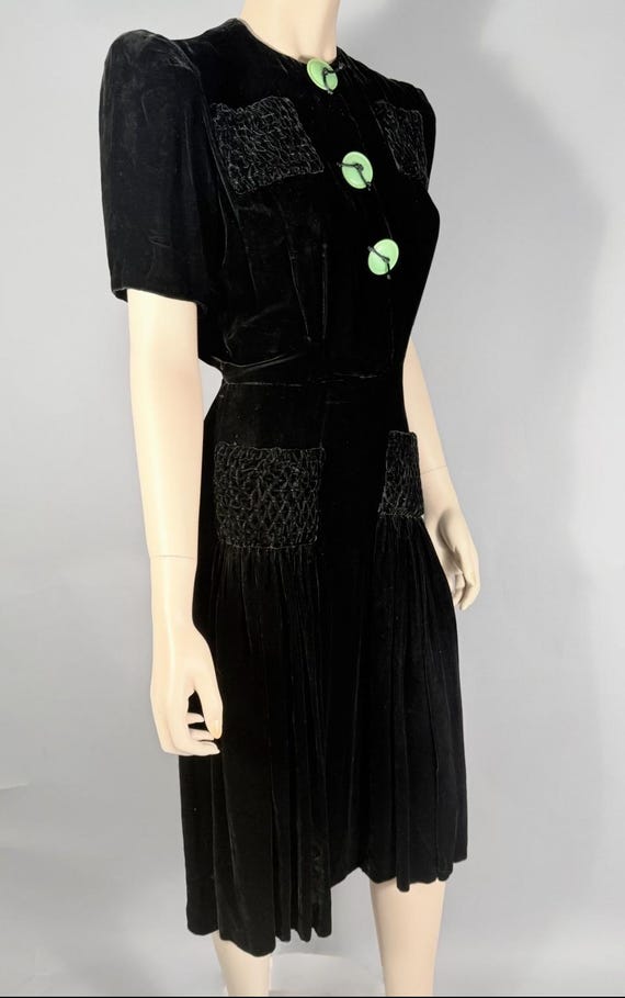 Vintage Late 1930s Early 1940s Black Velvet Dress w Green Buttons