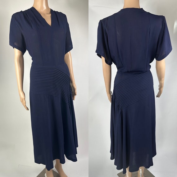 Vintage 1940s Rayon Nylon Blend Navy Dress Lg