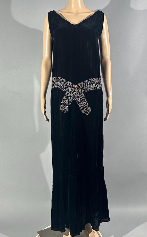Vintage Late 1920s 1930s Black Velvet Gown w Rhinestone Accents