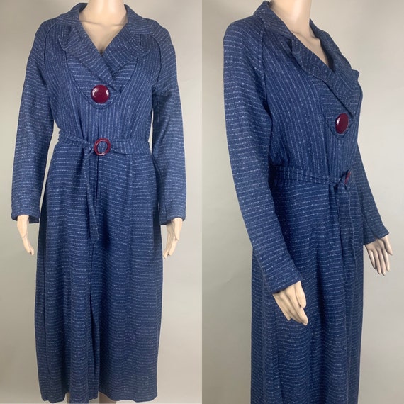 Vintage XXL 1930s Blue Wool Dress w Belt