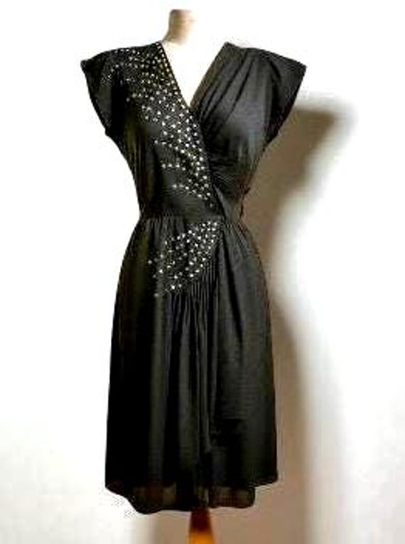 Vintage 1940s Black Rayon Dress with Rhinestones. XL