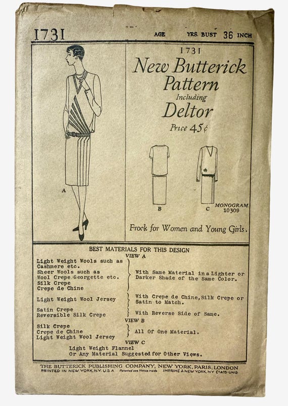 Vintage New Butterick 1920s Sewing Pattern 1731 Bust 36