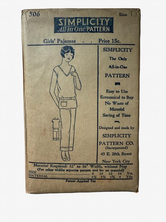 Vintage 1920s Simplicity Girls Pajama Pattern 506  Sz 12
