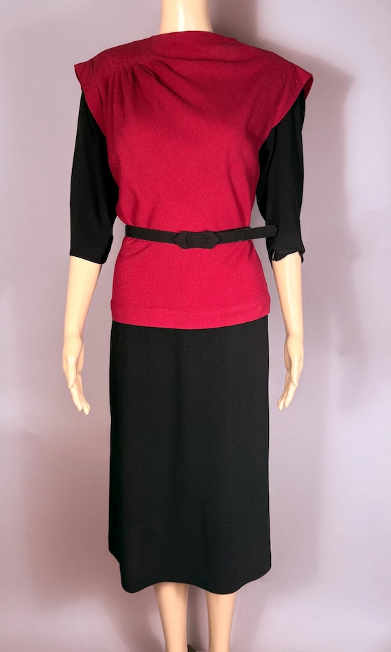 Vintage 1940s Cranberry and Black Wool Dress As-Is
