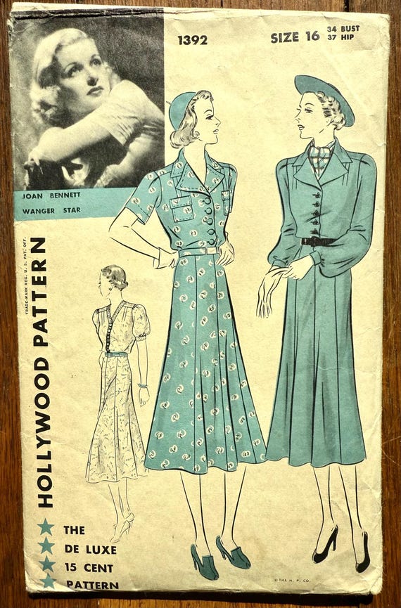 Vintage 1930s Dress by Hollywood Pattern 1392 Bust 34