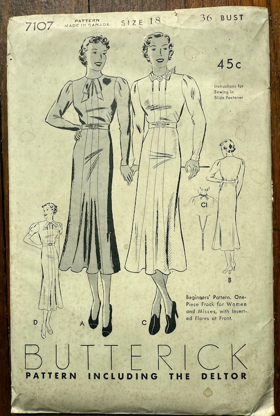 Vintage 1930s Butterick Dress Pattern 7107 Bust 36
