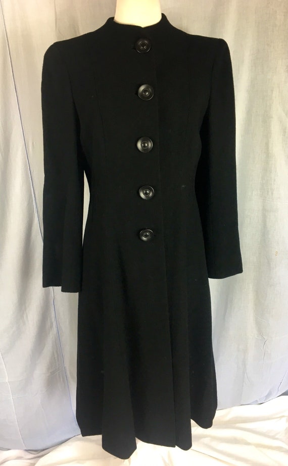 Vintage 1940s Black Wool Collarless Princess Coat