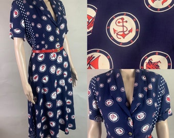 Vintage 1940s are’s, White and Blue Nautical Dress w Pockets