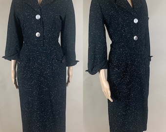 Vintage 1950s New Look Black White Flecked Wool Dress