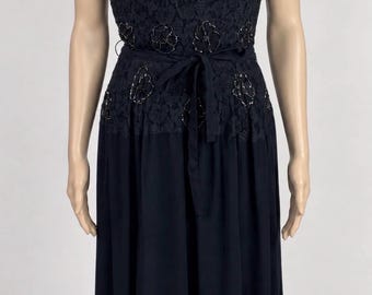 Vintage 1950s Black Crepe Beaded Lace Dress Small