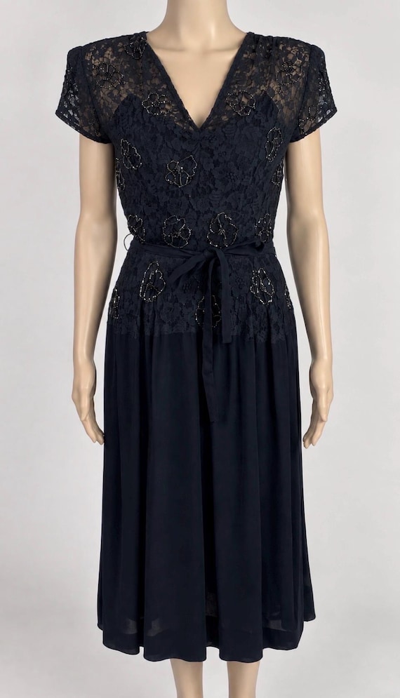 Vintage 1950s Black Crepe Beaded Lace Dress Small