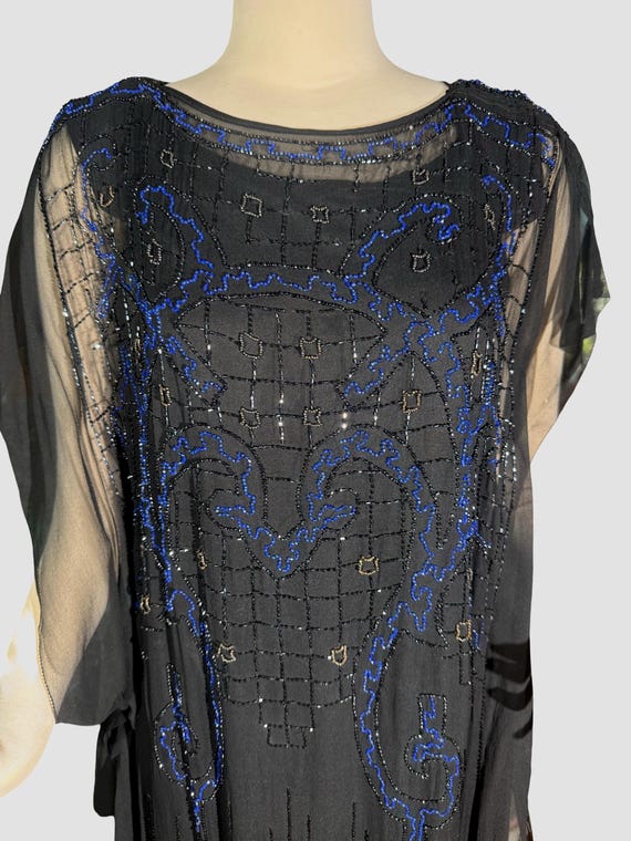 Vintage Black Silk Chiffon Dress with Black and Blue Beading