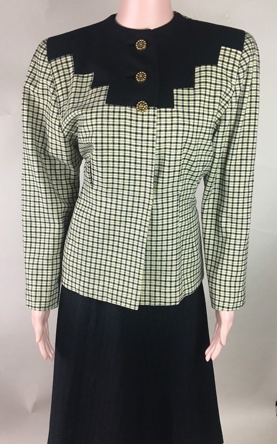 Vintage 1940s Beige, Black, Yellow and Blue Plaid… - image 1