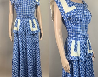 Vintage 1940s Blue White Check Long Picnic Dress Small Vicky Ann Frocks