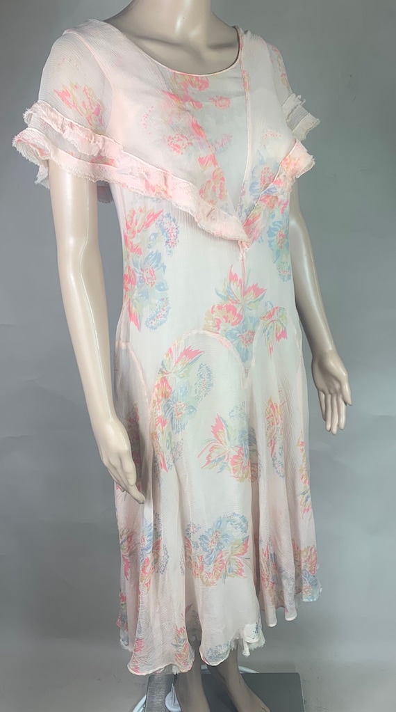 Vintage 1920s 1930s Pink Floral Crepe Chiffon Dress
