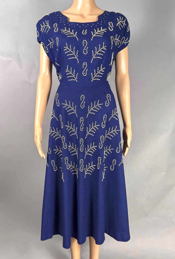 Vintage Late 1940s Blue Cotton Twill Dress w Cream Metal Beads and Rhinestones