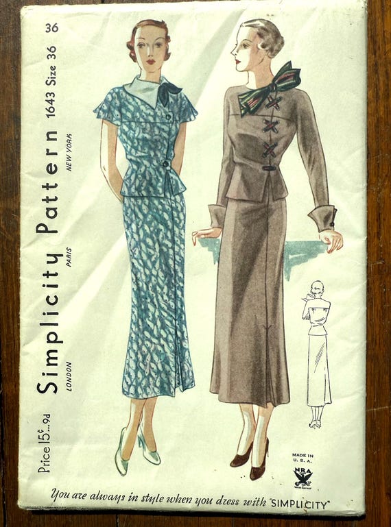 Vintage 1930s Simplicity Pattern 1643 Bust 36