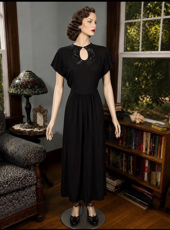 1940s Black Beaded Gown by Barbara Claire