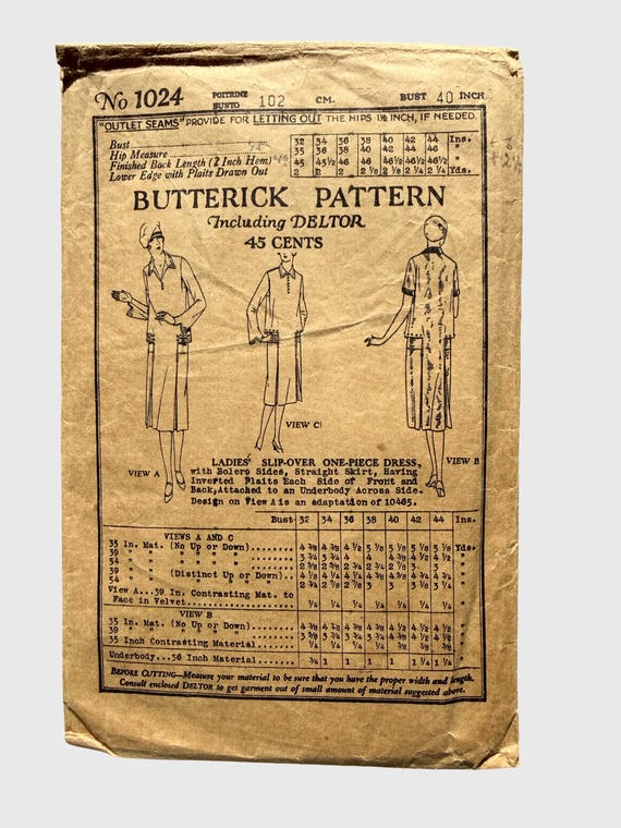 Vintage 1920s Butterick Pattern 40 Bust