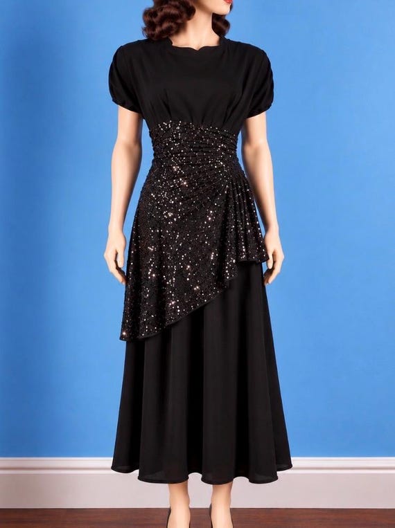 Vintage 1940s Nan Parker Rayon Crepe Hand Beaded Dress Lg