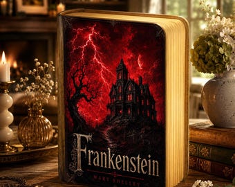Lampada a forma di libro di Frankenstein, ispirata a Mary Shelley, decorazione gotica horror, regalo per amanti dei libri, regalo per lettori, luce per angolo lettura