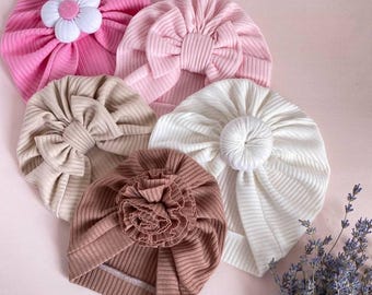 Turbante para bebé hecho a mano, de algodón de una sola capa para niña, con lazo, flor y dona.