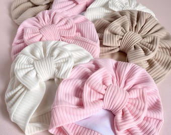 Pastel Spring Baby Turban, Handmade Stretch Hat for Girls, Milky White, Light Pink, Beige