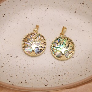 Abalone shell tree of life pendants,  Gold-Plated Tree Of Life Round Charms, For Jewelry Findings
