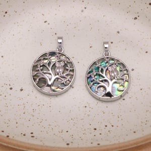 Abalone Shell Tree of Life Pendant, Flat Round Shape Metal Owl Charms, Handmade Jewelry