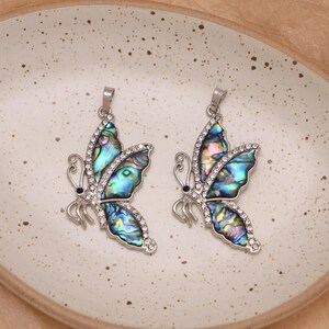 Abalone Shell Butterfly Charms, Silver Plated Rhinestone Paved Pendants, For Jewelry making